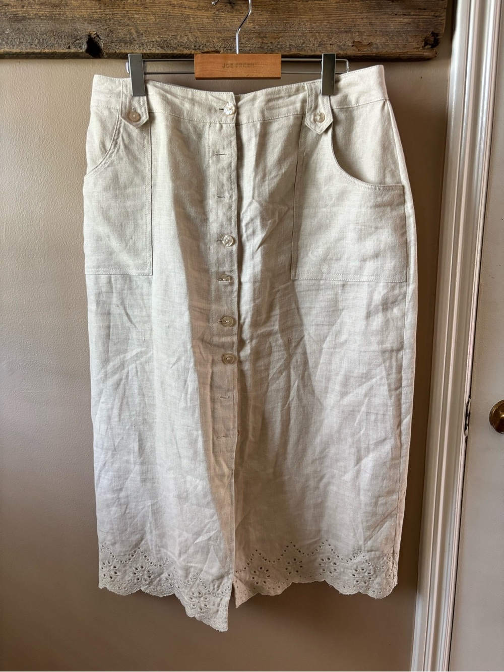 Linen-Blend Cream Button-Front Midi Skirt with Eyelet Hem